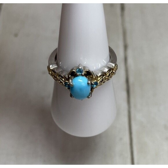 Delicate STS Turquoise and Neon Apatite 925 SS Ring Two Toned Sz 7 - Picture 4 of 8